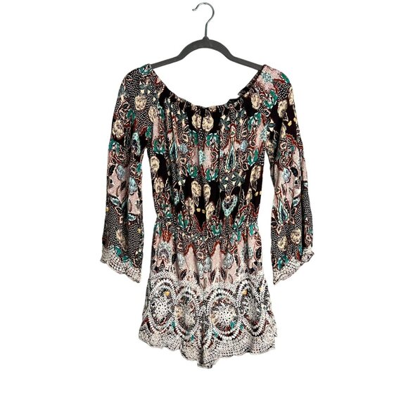 Xhilaration Romper Size S Long Sleeve Off Shoulder Crochet‎ Trim Boho Floral - Picture 1 of 9